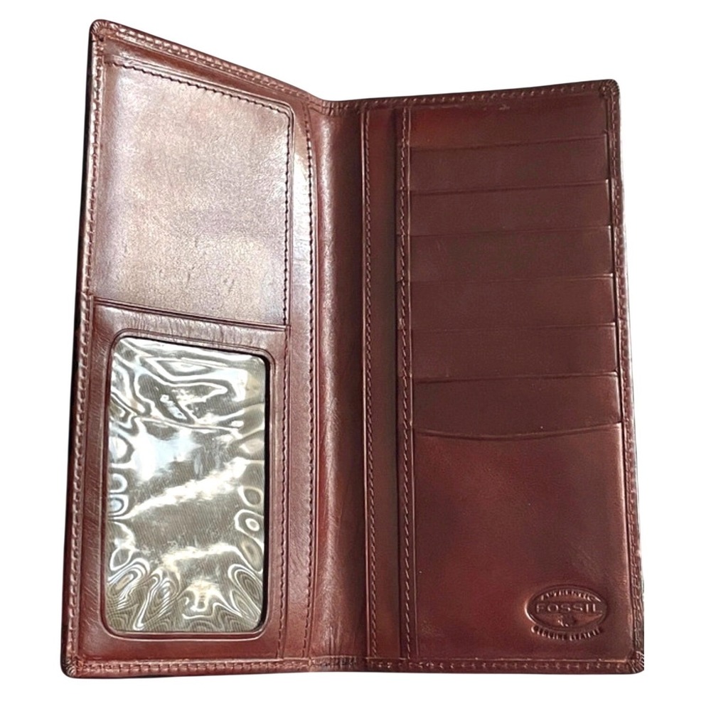Fossil Vintage Long Bifold Wallet Mahogany Brown Genuine Leather ID Window Slim